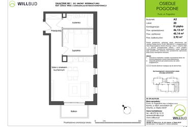 Rzut - Mieszkanie na sprzedaż 2 pokoje o powierzchni 45,14 m² - numer OP/A2/P3/20 w Osiedle Pogodne etap I