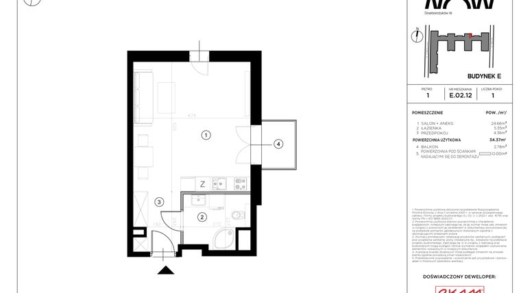 Rzut - Mieszkanie na sprzedaż 1 pokój o powierzchni 34,37 m² - numer E.02.12 w NOW