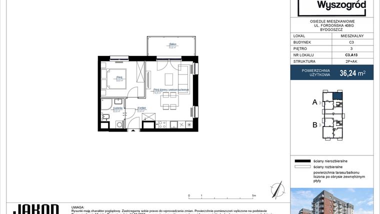 Rzut - Mieszkanie na sprzedaż 2 pokoje o powierzchni 36,24 m² - numer C3.A13 w Nowy Wyszogród etap III