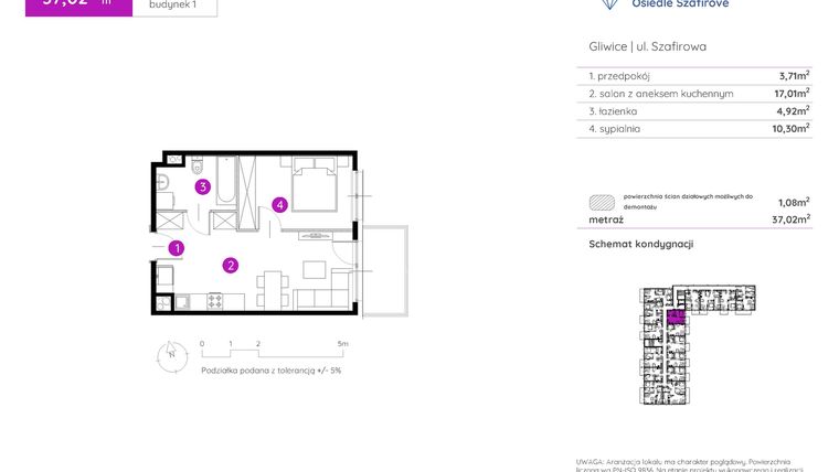 Rzut - Mieszkanie na sprzedaż 2 pokoje o powierzchni 37,02 m² - numer 1.A.5.01 w Murapol Osiedle Szafirove II