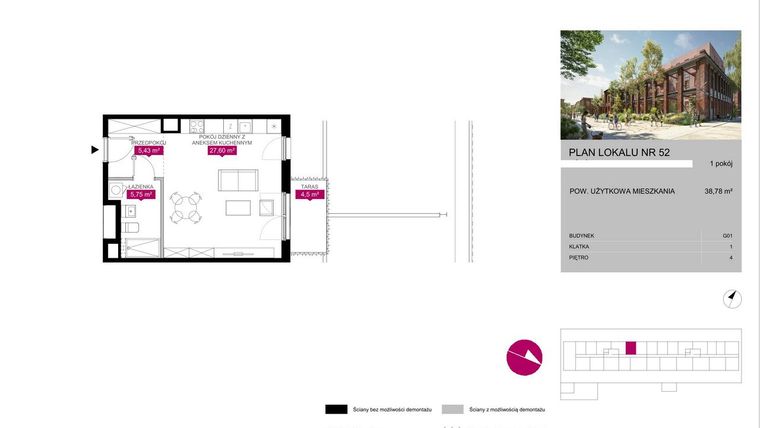 Rzut - Mieszkanie na sprzedaż 1 pokój o powierzchni 38,85 m² - numer 52 w Fuzja Mieszkania Loftowe