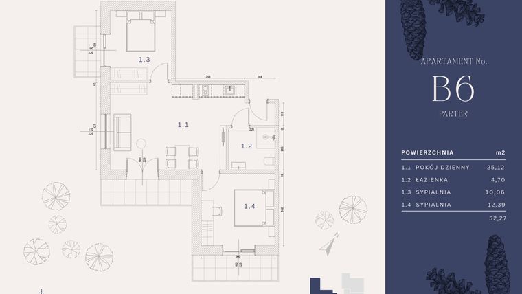 Rzut - Mieszkanie na sprzedaż 4 pokoje o powierzchni 52,27 m² - numer B6 w Rysulówka 70