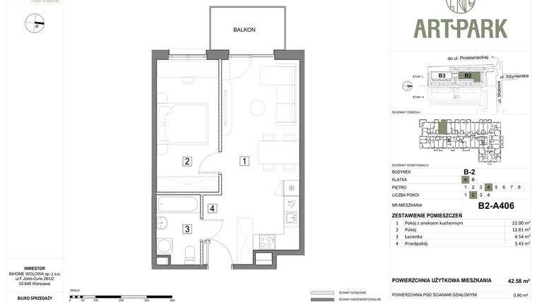 Rzut - Mieszkanie na sprzedaż 2 pokoje o powierzchni 43,48 m² - numer B.2.A406 w ArtPark