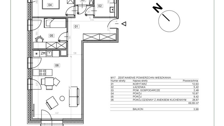 Rzut - Mieszkanie na sprzedaż 3 pokoje o powierzchni 69,75 m² - numer J.M17 w Osiedle Glivia Zachodnia