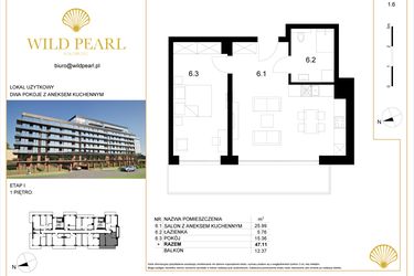 Rzut - Mieszkanie na sprzedaż 2 pokoje o powierzchni 47,11 m² - numer 1.6 w Wild Pearl - apartamenty inwestycyjne