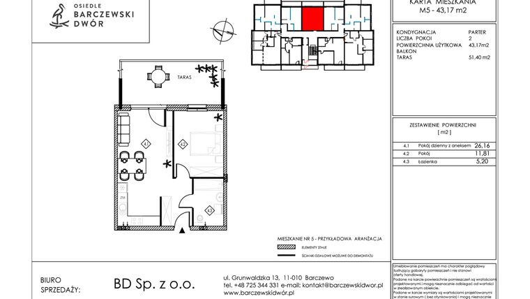 Rzut - Mieszkanie na sprzedaż 2 pokoje o powierzchni 43,17 m² - numer M5 w Osiedle Barczewski Dwór etap III