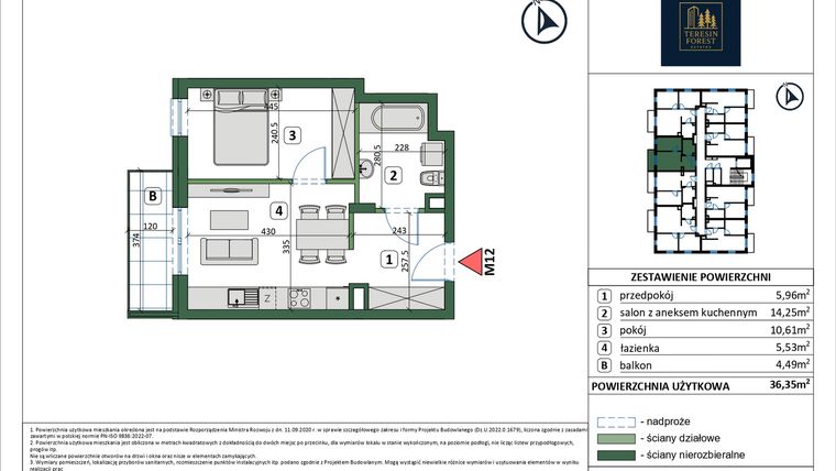 Rzut - Mieszkanie na sprzedaż 2 pokoje o powierzchni 36,35 m² - numer 12 w Osiedle przy Sportowej etap III