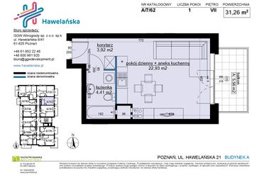 Rzut - Mieszkanie na sprzedaż 1 pokój o powierzchni 31,39 m² - numer A/7/62 w Osiedle Hawelańska etap III - bud. A