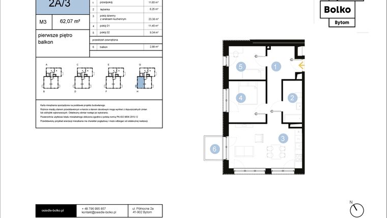 Rzut - Mieszkanie na sprzedaż 3 pokoje o powierzchni 62,07 m² - numer 2A/3 w Osiedle Bolko etap II