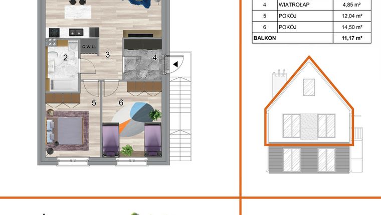 Rzut - Mieszkanie na sprzedaż 3 pokoje o powierzchni 73,73 m² - numer 1B2 w Osiedle Tymiankowe w Krzeptowie