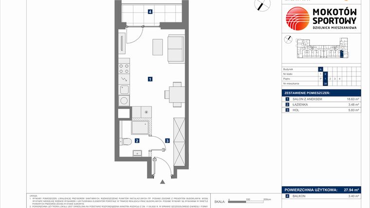 Rzut - Mieszkanie na sprzedaż 1 pokój o powierzchni 27,94 m² - numer A.38 w Mokotów Sportowy 3.1