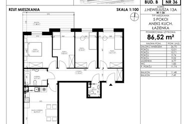 Rzut - Mieszkanie na sprzedaż 5 pokoi o powierzchni 86,52 m² - numer JAR-II-B-LM-M36 w Osiedle JAR Heweliusza etap II