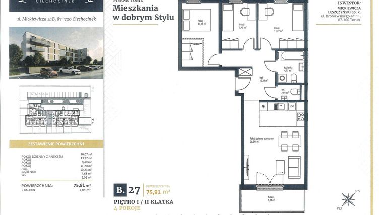 Rzut - Mieszkanie na sprzedaż 4 pokoje o powierzchni 75,91 m² - numer B27 w Mickiewicza