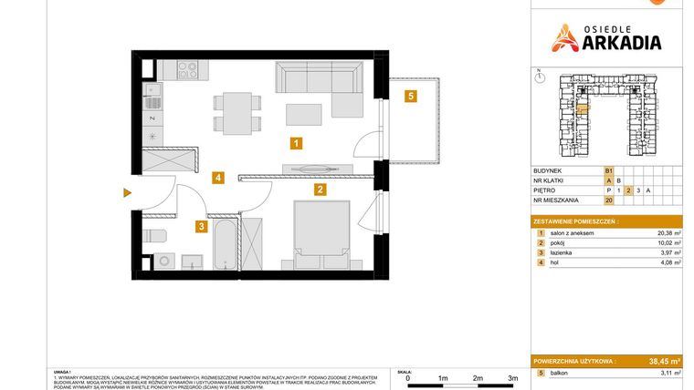 Rzut - Mieszkanie na sprzedaż 2 pokoje o powierzchni 38,45 m² - numer B1.20 w Osiedle Arkadia etap 2