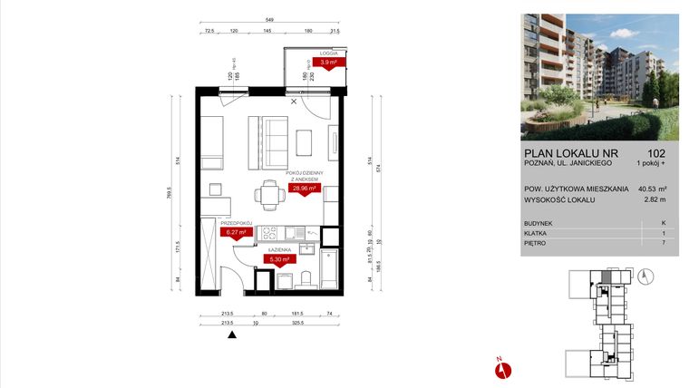 Rzut - Mieszkanie na sprzedaż 1 pokój o powierzchni 40,53 m² - numer K.102 w Wieża Jeżyce etap V
