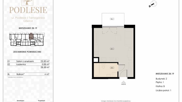 Rzut - Mieszkanie na sprzedaż 1 pokój o powierzchni 28,58 m² - numer 2B.19 w Podlesie