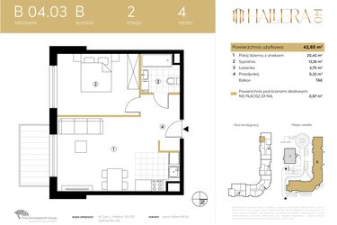 Rzut - Mieszkanie na sprzedaż 2 pokoje o powierzchni 42,62 m² - numer B.04.03 w Hallera 140