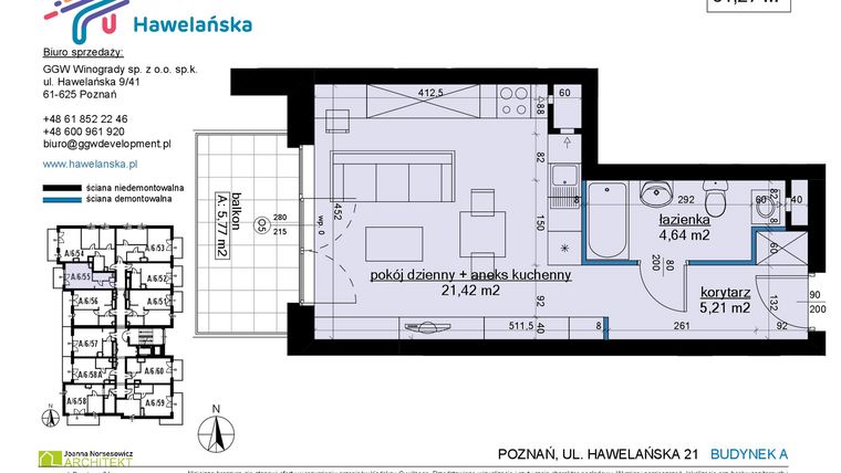 Rzut - Mieszkanie na sprzedaż 1 pokój o powierzchni 31,27 m² - numer A/6/55 w Osiedle Hawelańska etap III - bud. A