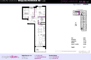 Rzut - Mieszkanie na sprzedaż 3 pokoje o powierzchni 57,58 m² - numer 128 w Wojciechowska Square