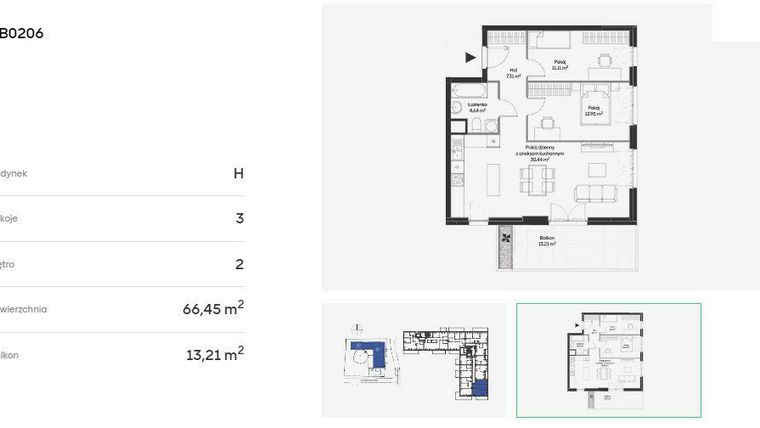 Rzut - Mieszkanie na sprzedaż 3 pokoje o powierzchni 66,45 m² - numer HB0206 w Holm House 5