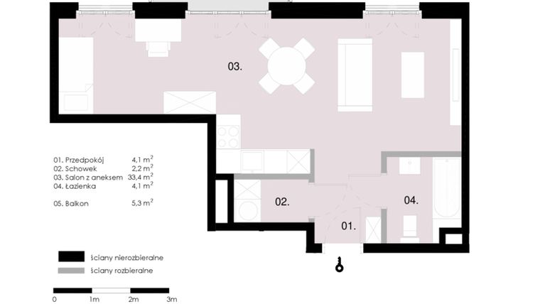 Rzut - Mieszkanie na sprzedaż 1 pokój o powierzchni 43,79 m² - numer M3.05 w Wola Vert