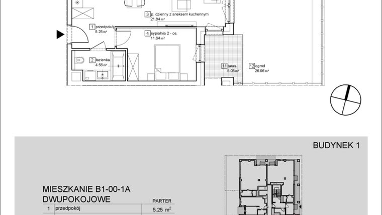 Rzut - Mieszkanie na sprzedaż 2 pokoje o powierzchni 43,29 m² - numer B1-00-1A w Francuska Park IX