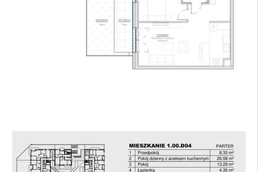 Rzut - Mieszkanie na sprzedaż 2 pokoje o powierzchni 52,05 m² - numer 1.00.D04 w Ogrody Andersa III