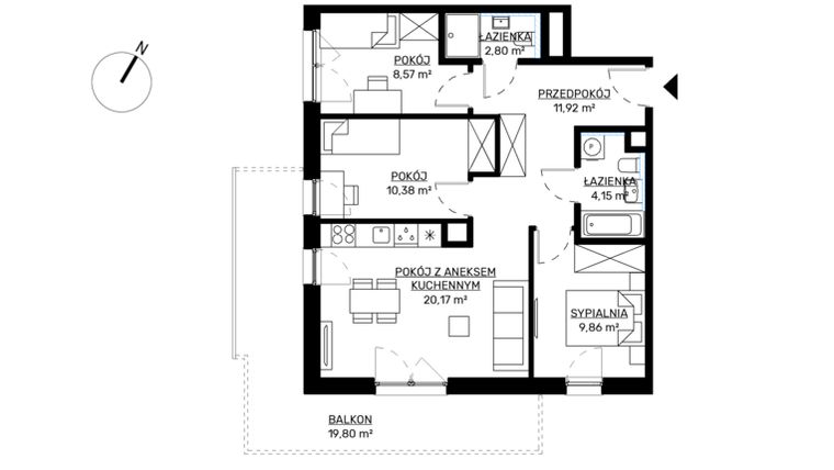 Rzut - Mieszkanie na sprzedaż 4 pokoje o powierzchni 67,85 m² - numer M14 w KWADRAT etap 2