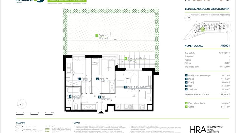 Rzut - Mieszkanie na sprzedaż 3 pokoje o powierzchni 52,86 m² - numer AB0004 w M Bemowo 3
