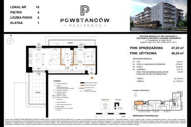 Rzut - Mieszkanie na sprzedaż 2 pokoje o powierzchni 47,25 m² - numer 16 w Powstańców Residence