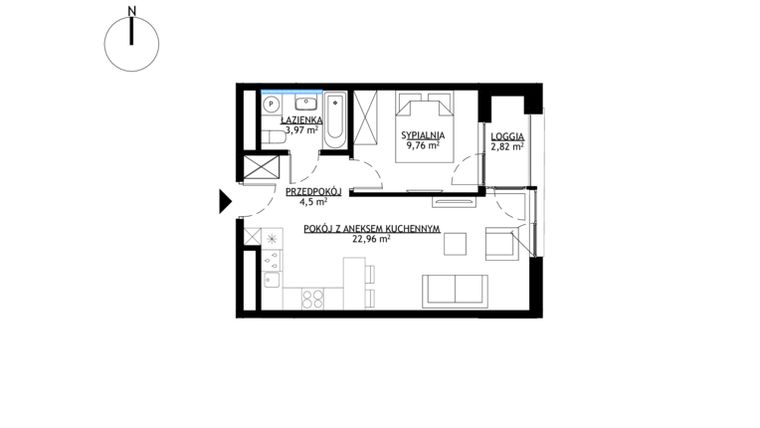 Rzut - Mieszkanie na sprzedaż 2 pokoje o powierzchni 41,09 m² - numer M32 w KrakoVska etap 2