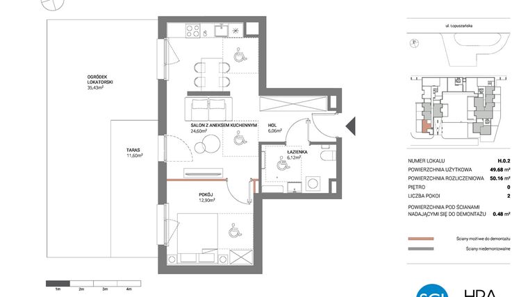 Rzut - Mieszkanie na sprzedaż 2 pokoje o powierzchni 50,16 m² - numer H.0.2 w Łopuszańska 47 - etap 3