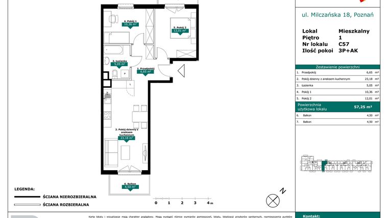 Rzut - Mieszkanie na sprzedaż 3 pokoje o powierzchni 57,25 m² - numer C57 w Milczańska 18
