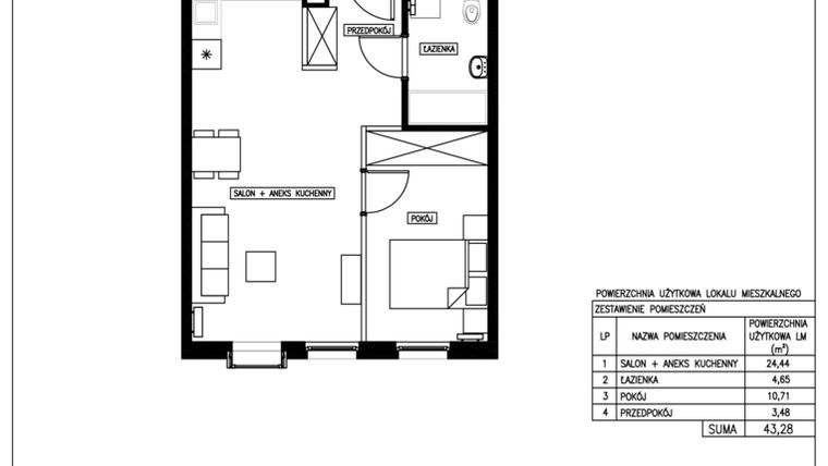 Rzut - Mieszkanie na sprzedaż 2 pokoje o powierzchni 43,28 m² - numer 55 w Nowa Kurkowa