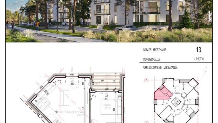 Rzut - Mieszkanie na sprzedaż 2 pokoje o powierzchni 42,85 m² - numer 13 w Grasera 12