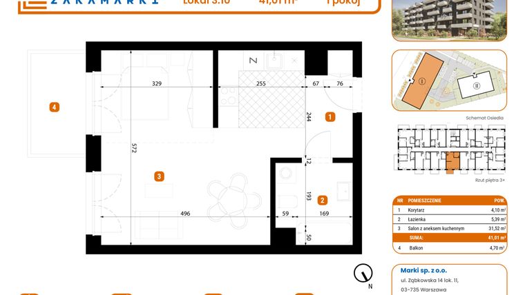 Rzut - Mieszkanie na sprzedaż 1 pokój o powierzchni 41,01 m² - numer B1/3/10 w Zakamarki