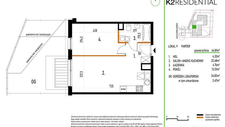 Rzut - Mieszkanie na sprzedaż 2 pokoje o powierzchni 44,81 m² - numer 9 w Kowalskiego 37