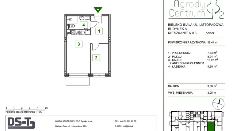 Rzut - Mieszkanie na sprzedaż 2 pokoje o powierzchni 36,44 m² - numer A.0.3 w Ogrody Centrum 2
