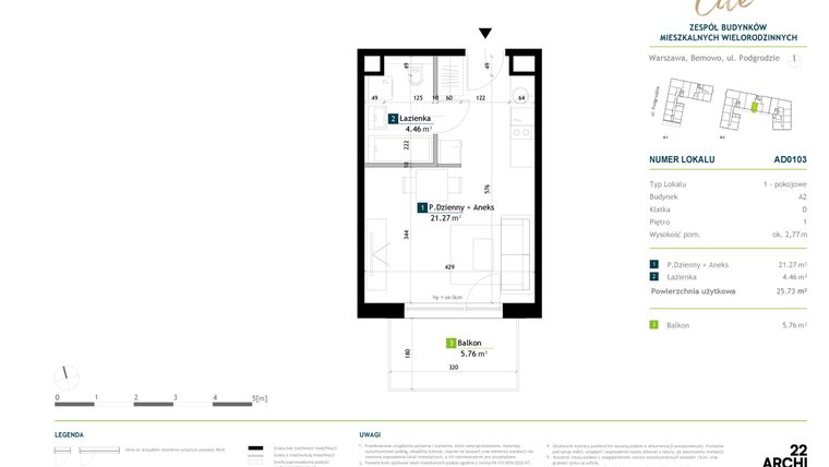 Rzut - Mieszkanie na sprzedaż 1 pokój o powierzchni 25,73 m² - numer AD0103 w Viva Cité 2