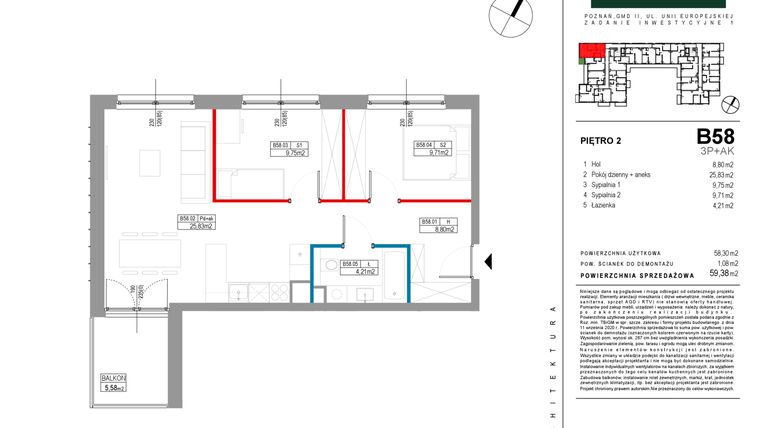 Rzut - Mieszkanie na sprzedaż 3 pokoje o powierzchni 58,3 m² - numer B058 w Grunwald Między Drzewami etap II