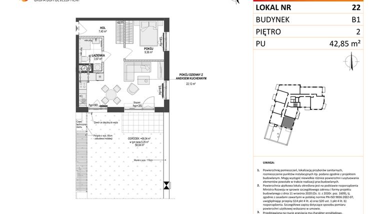 Rzut - Mieszkanie na sprzedaż 2 pokoje o powierzchni 42,85 m² - numer 22 w Leśna Góra