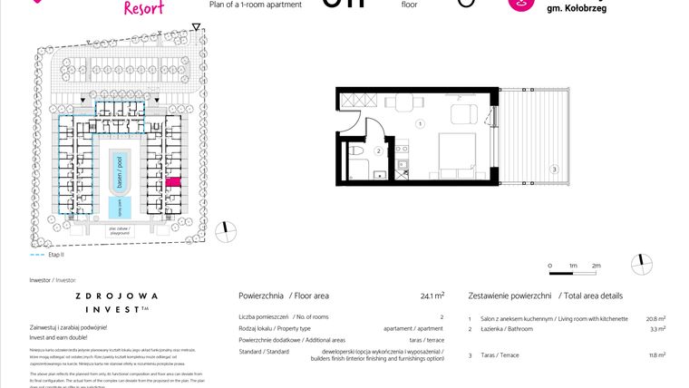 Rzut - Mieszkanie na sprzedaż 1 pokój o powierzchni 24,1 m² - numer 011 w VacationClub Resort