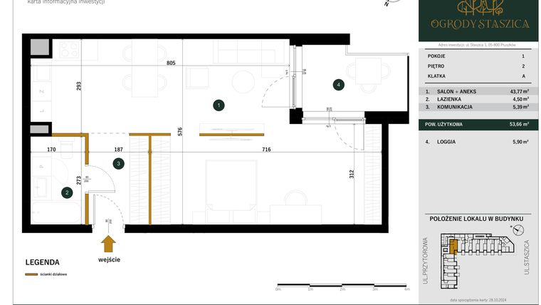 Rzut - Mieszkanie na sprzedaż 1 pokój o powierzchni 53,66 m² - numer A.14 w Ogrody Staszica