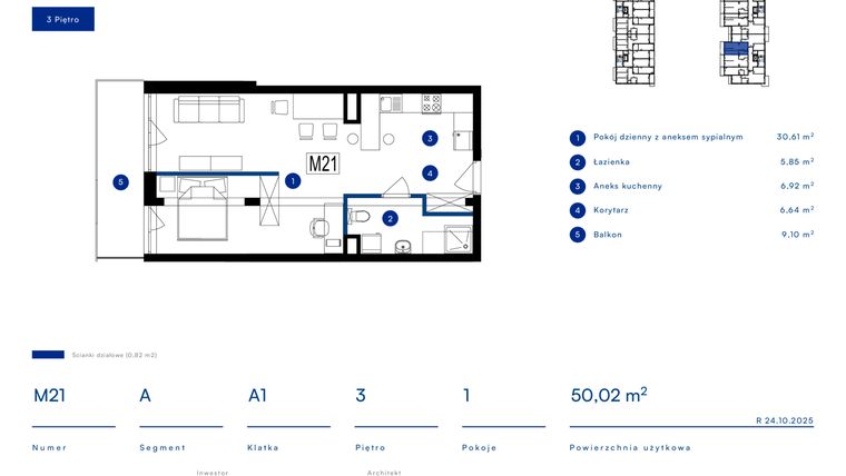 Rzut - Mieszkanie na sprzedaż 1 pokój o powierzchni 50,02 m² - numer 21A w Przy Bursztynowej