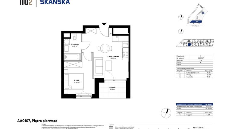 Rzut - Mieszkanie na sprzedaż 2 pokoje o powierzchni 34,58 m² - numer AA0107 w NU2 Warszawa Wola - apartamenty wykończone pod klucz