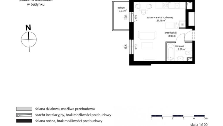 Rzut - Mieszkanie na sprzedaż 1 pokój o powierzchni 28,12 m² - numer M 143 w Kwietny Ogród