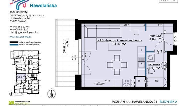 Rzut - Mieszkanie na sprzedaż 1 pokój o powierzchni 33,47 m² - numer A/5/47 w Osiedle Hawelańska etap III - bud. A