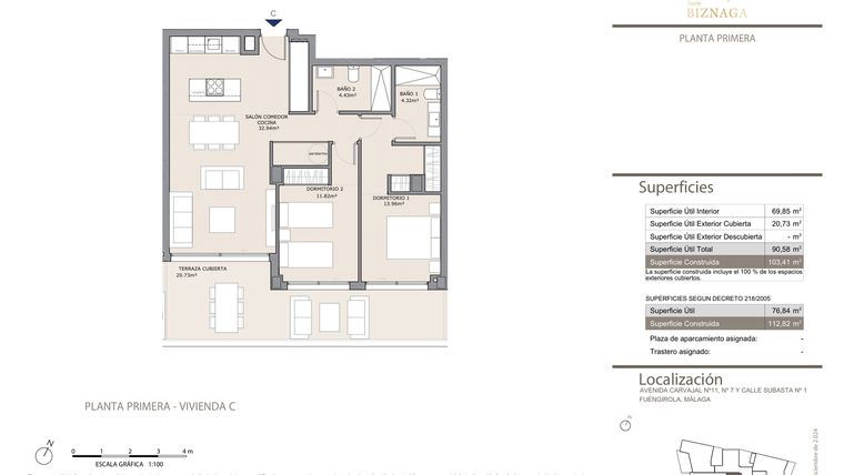 Rzut - Mieszkanie na sprzedaż 2 pokoje o powierzchni 103 m² - numer 1C w Torre Biznaga