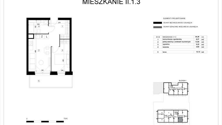 Rzut - Mieszkanie na sprzedaż 2 pokoje o powierzchni 36,28 m² - numer II.1.3 w Pryncypalna 66