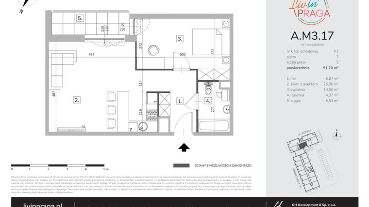 Rzut - Mieszkanie na sprzedaż 2 pokoje o powierzchni 51,7 m² - numer A.M3.17 w Livin' Praga